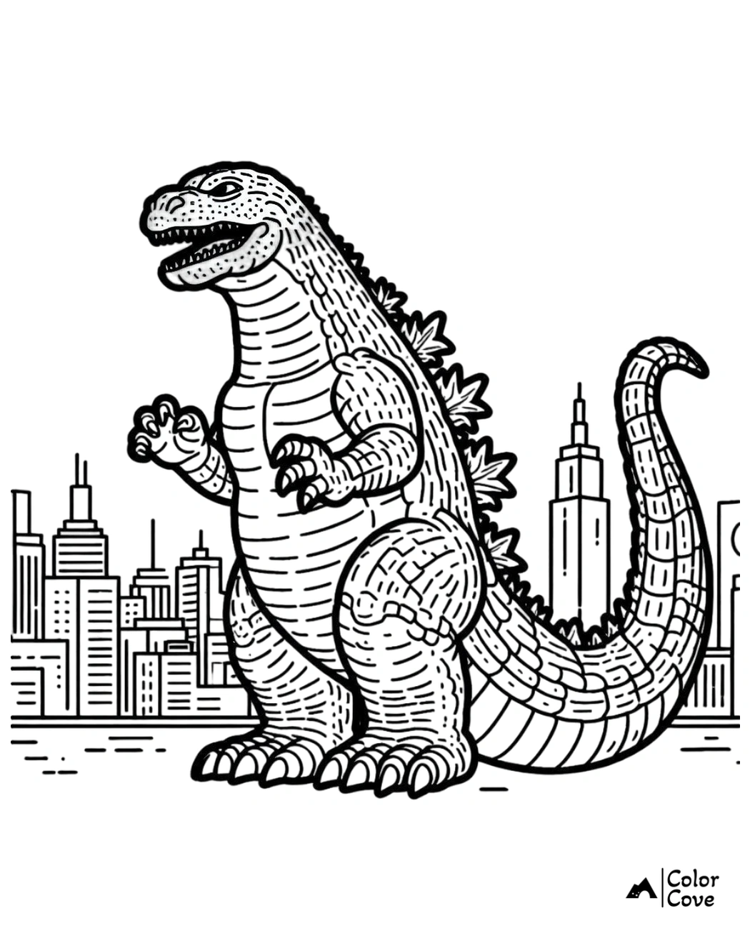 Giant dinosaur coloring page with a city skyline in the background. Perfect for kids and fans of monster-themed art.