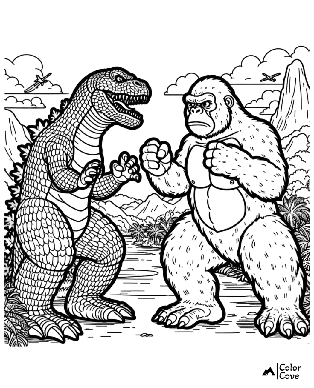 Coloring page featuring a fierce dinosaur and a large gorilla facing off in a jungle setting with mountains in the background.