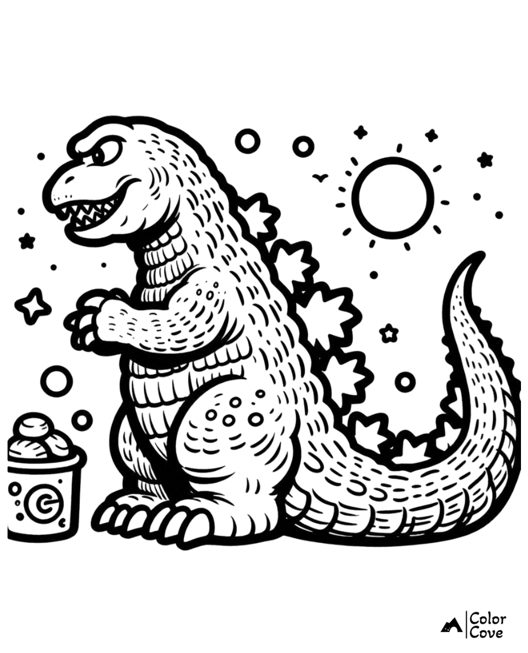 Dinosaur coloring page with stars and sun in background, featuring a cupcake with a 'G' on it. Color Cove illustration.