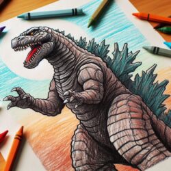 Dinosaur coloring page with vibrant crayons on a table, showcasing a detailed and colorful dinosaur drawing.