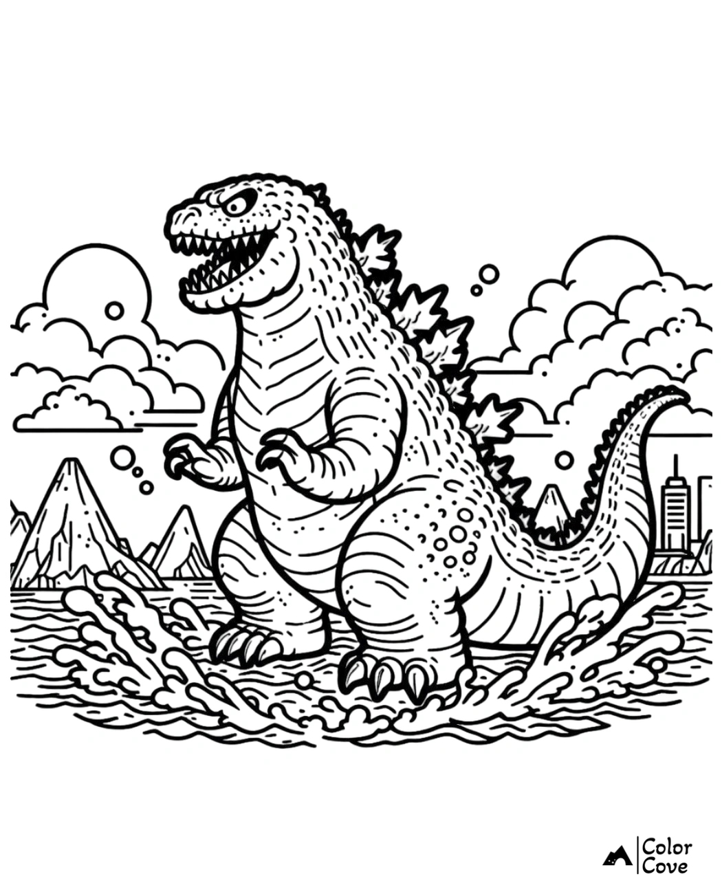 Giant dinosaur coloring page featuring a roaring monster rising from the ocean, with mountains and buildings in the background.