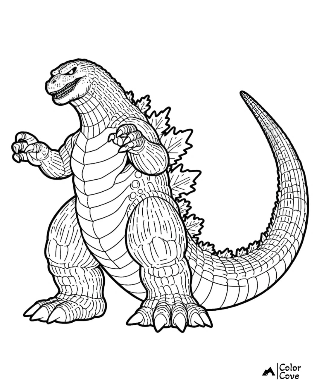 Godzilla coloring page with detailed scales, claws, and tail from Color Cove, ready for kids and adults to color.