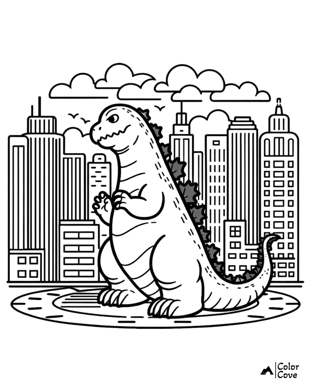 Giant monster in city coloring page, perfect for kids and adults who love urban adventures and mythical creatures. Color Cove.