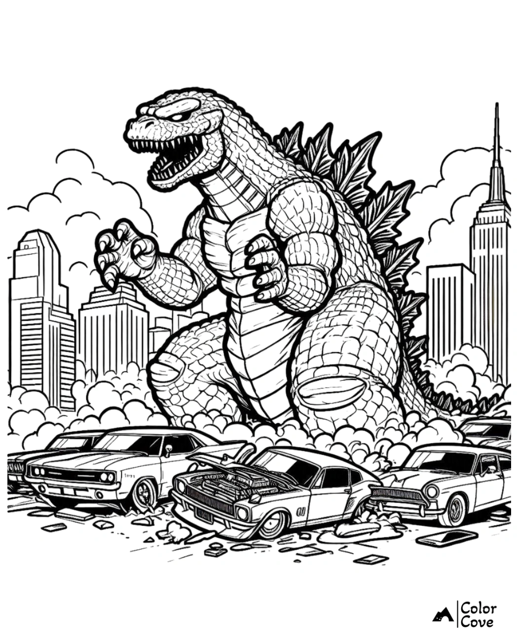 Coloring page of a giant monster rampaging through a city, smashing cars with skyscrapers in the background.