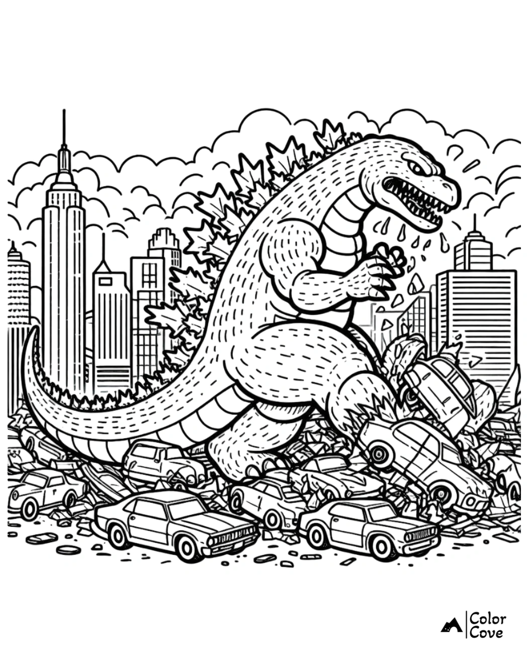 Coloring page of a giant monster rampaging through a city, smashing cars and toppling buildings in its path.