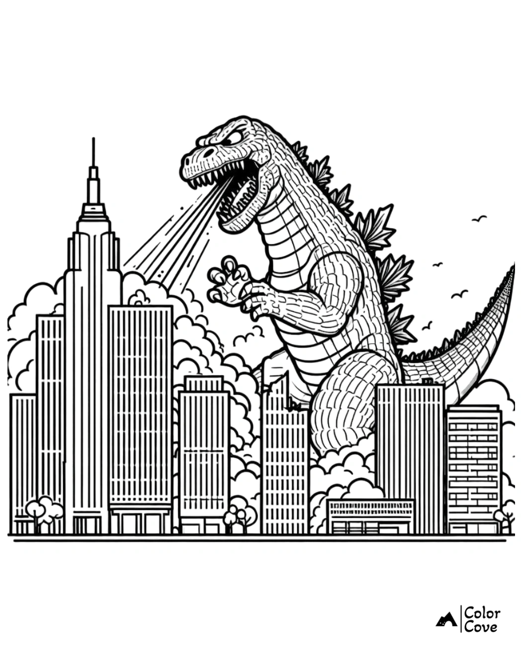 Giant monster breathing fire on city skyscrapers coloring page #ColoringPage #MonsterArt #Cityscape