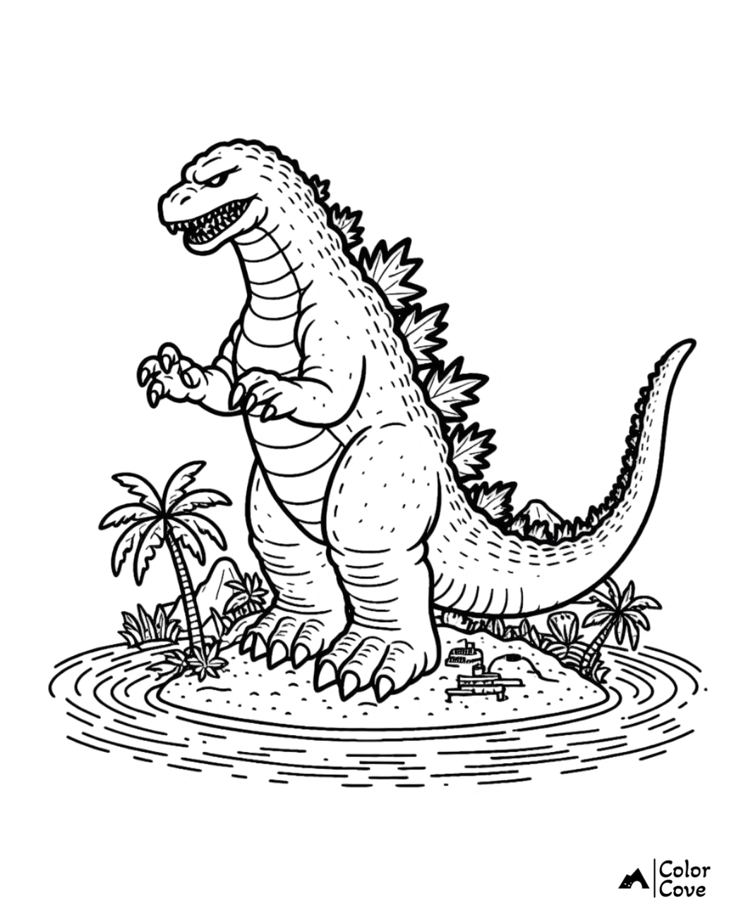 Coloring page featuring a giant dinosaur-like monster on an island with palm trees, ready for kids to color.