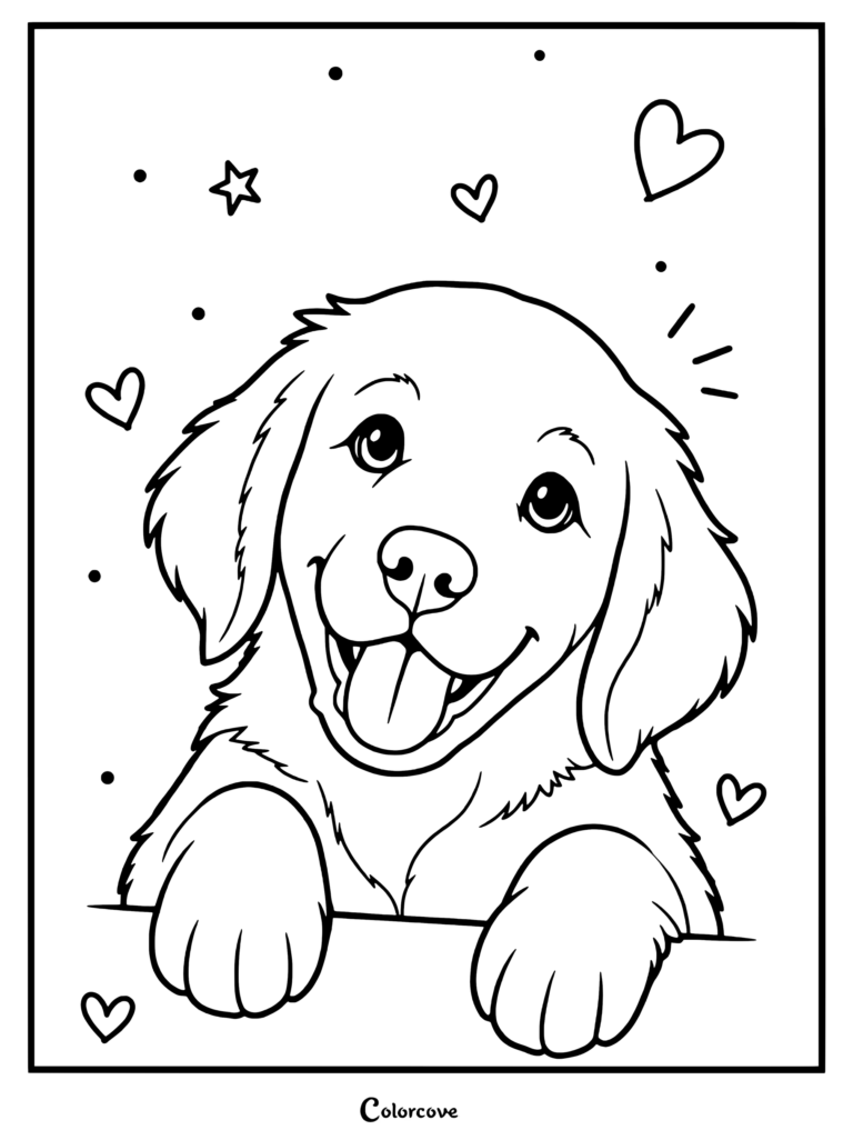 A happy Golden Retriever puppy coloring page featuring floating hearts and stars