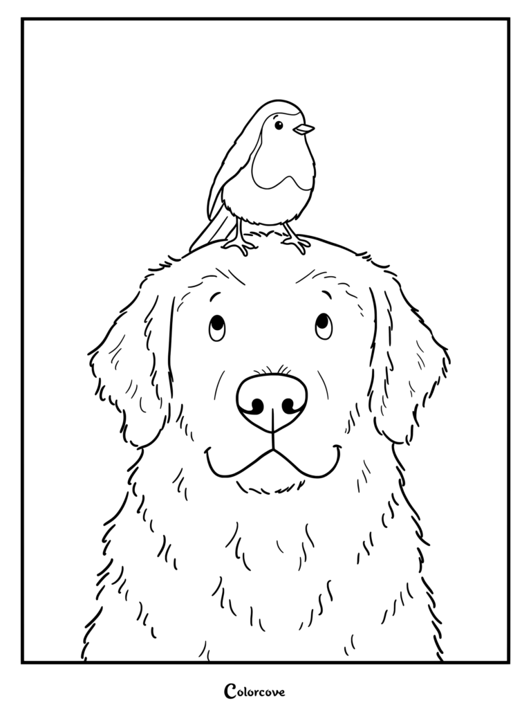 A friendly Golden Retriever looking up with a small bird perched on its head in a printable coloring page