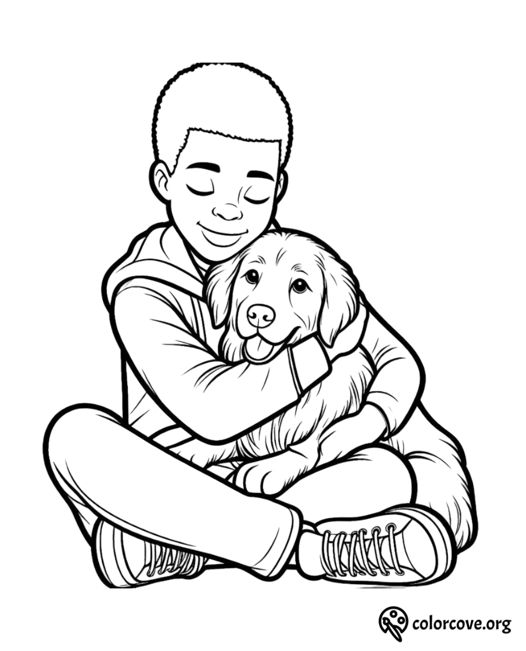 a cartoon of a boy hugging a dog