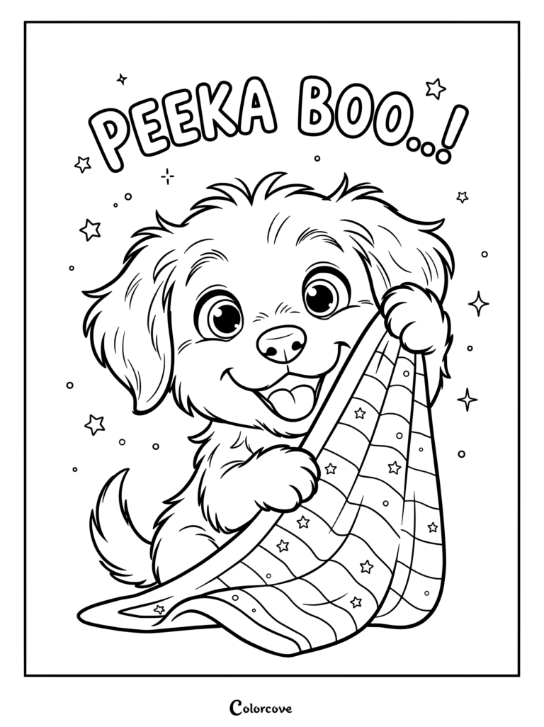 A cute Golden Retriever puppy playing peekaboo behind a patterned blanket under the text PEEKA BOO on a printable coloring page.