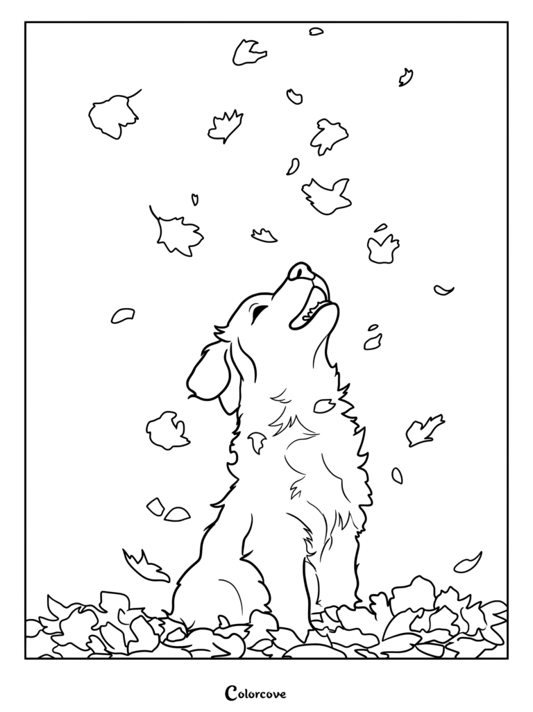 A playful Golden Retriever sitting in a pile of autumn leaves while looking up at falling leaves coloring page
