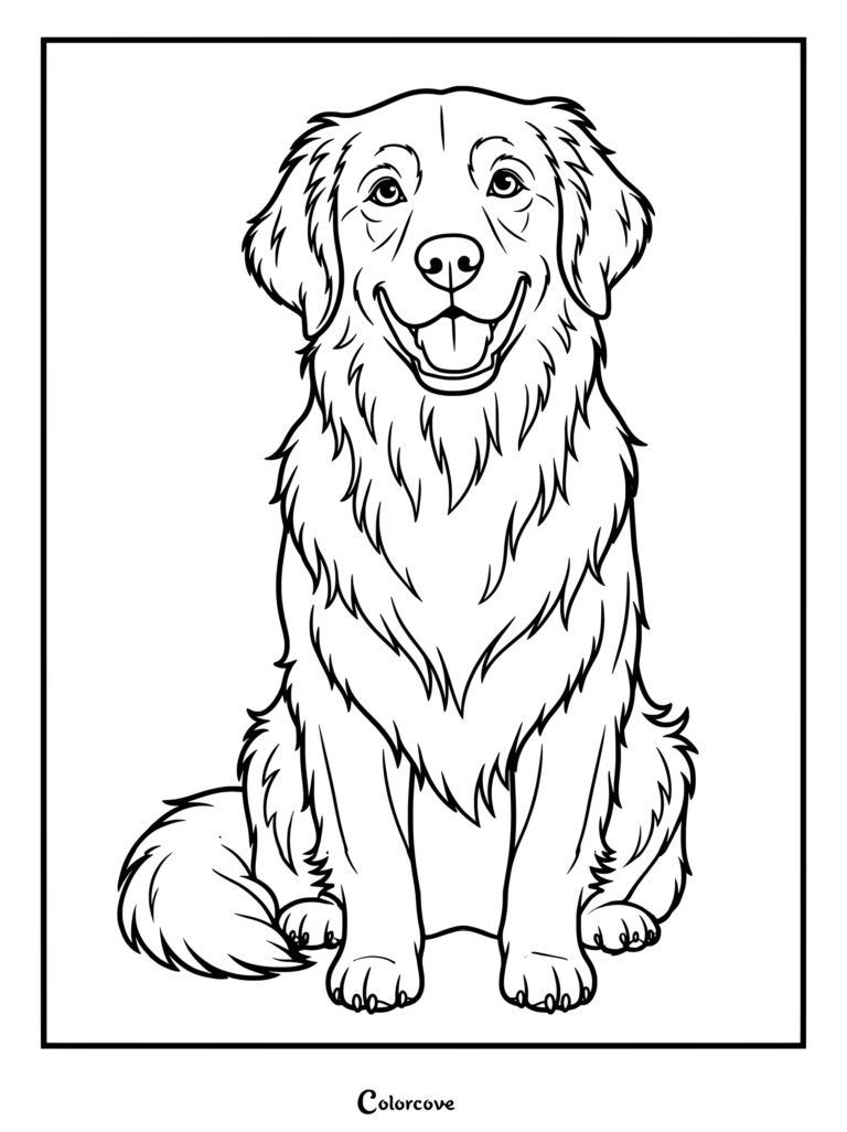 A friendly Golden Retriever sitting happily for a printable coloring page