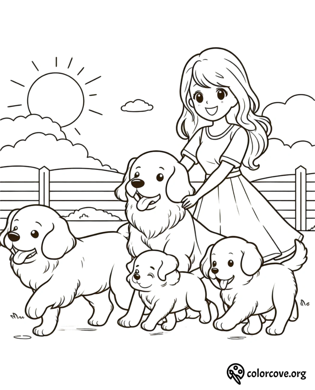 a cartoon of a woman with a group of dogs