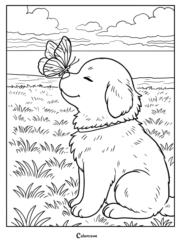 A cute Golden Retriever puppy sitting in a grassy field with a butterfly on its nose in this printable coloring page.