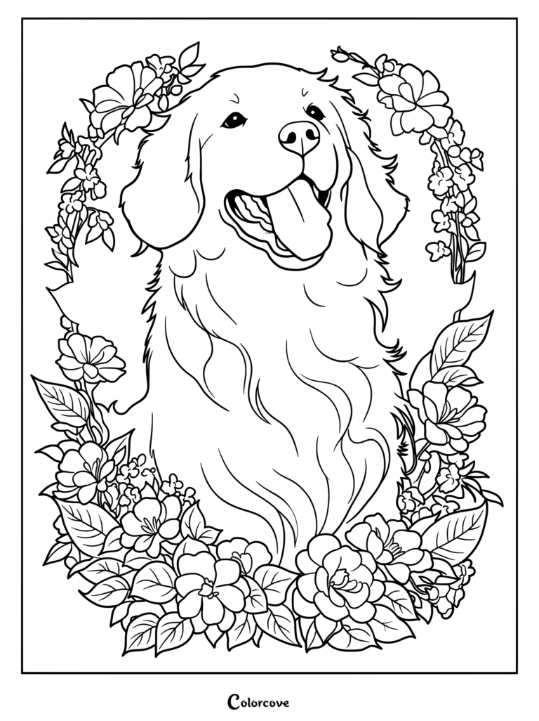 Golden Retriever surrounded by floral frame coloring page with detailed outline