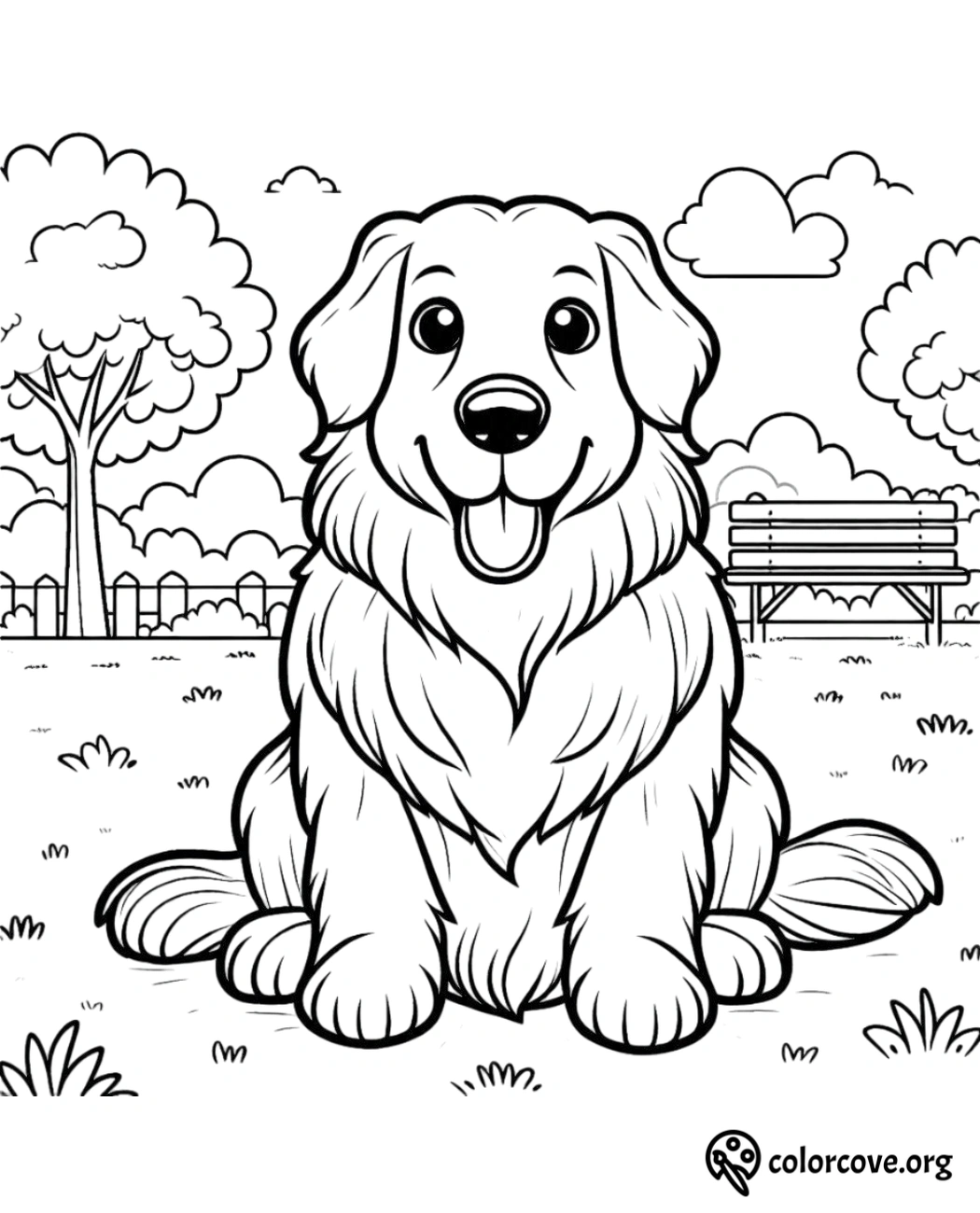 a black and white drawing of a dog sitting in a park