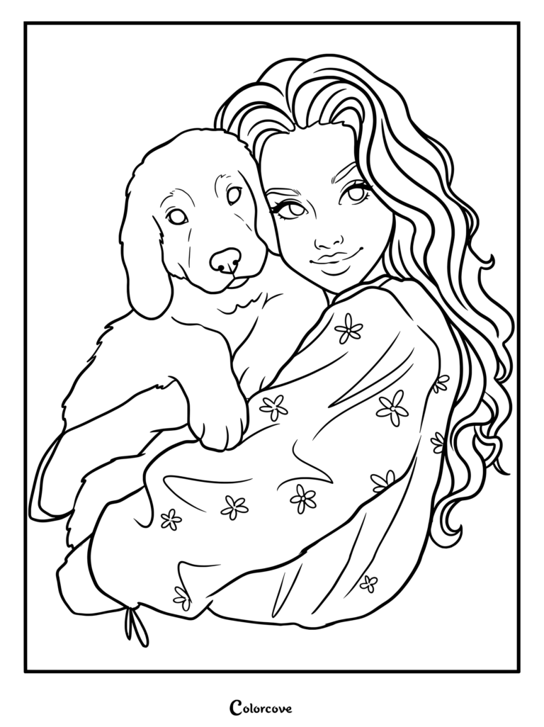 A printable coloring page featuring a young woman with long wavy hair lovingly holding a Golden Retriever puppy in a floral shirt.