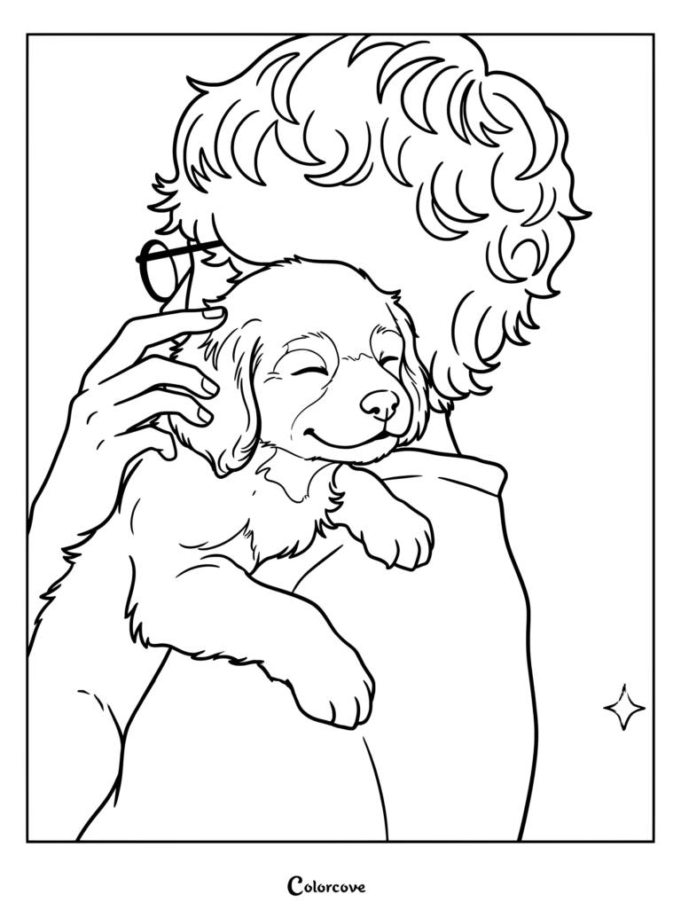 A smiling Golden Retriever puppy snuggling closely against a person's shoulder in this sweet coloring page