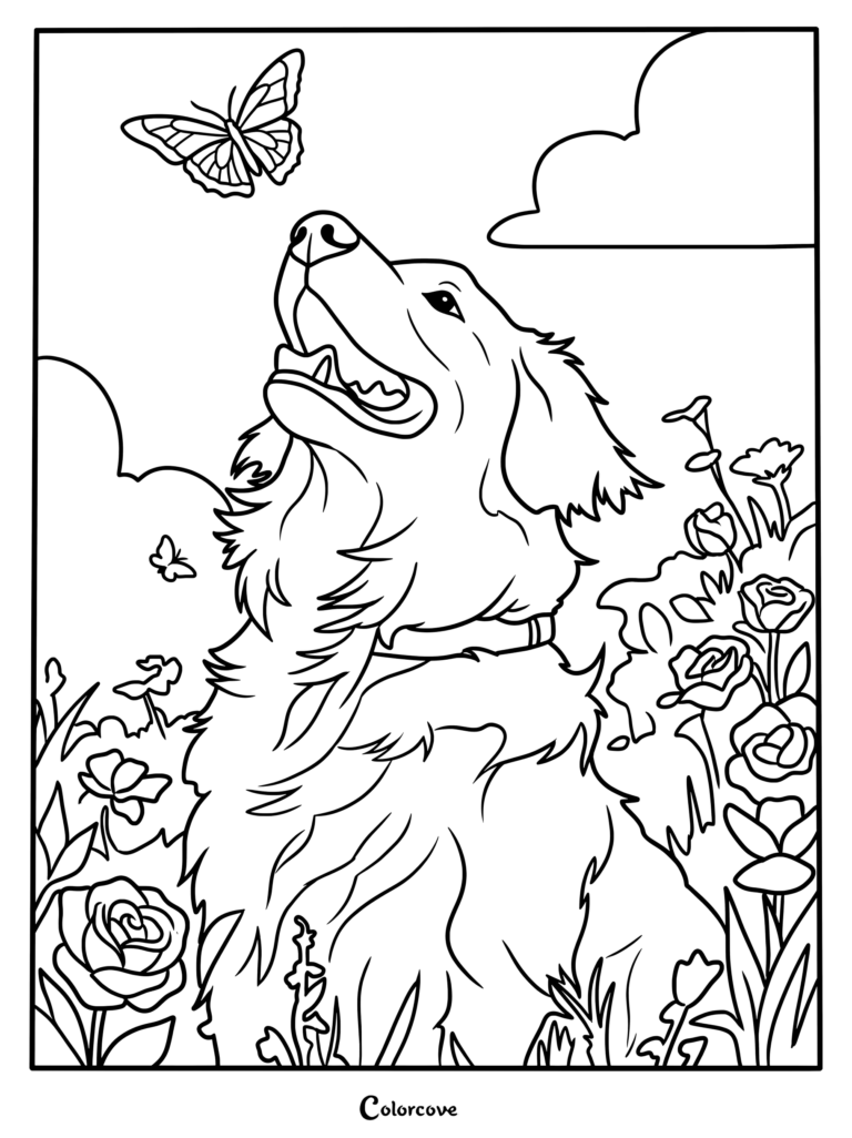 Golden Retriever looking at a butterfly in a garden coloring page