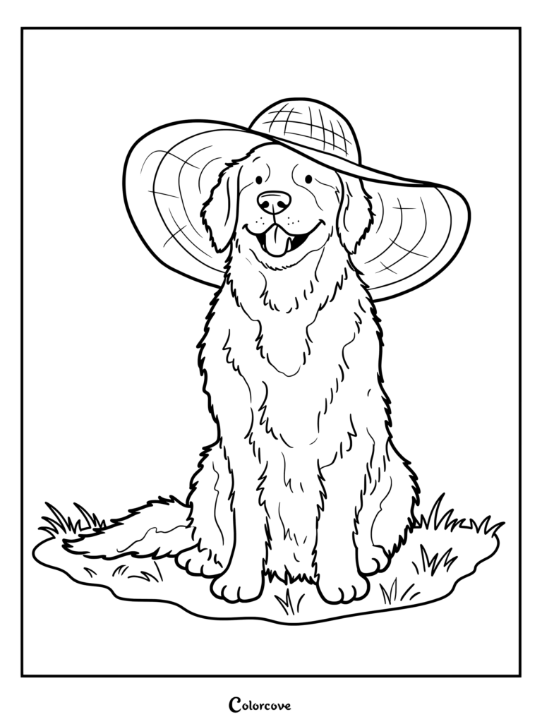 A friendly Golden Retriever wearing a wide-brimmed sunhat while sitting in the grass, illustrated as a printable coloring page