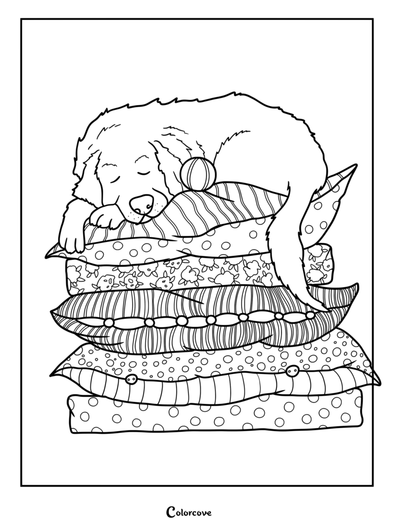Golden Retriever sleeping peacefully on a tall stack of patterned pillows in this printable coloring page