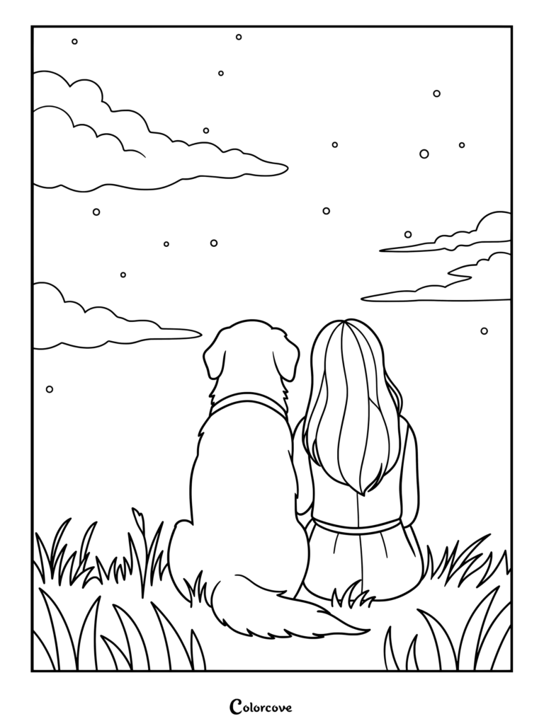 A printable coloring page of a girl and her golden retriever sitting together in the grass looking up at a starry night sky with clouds
