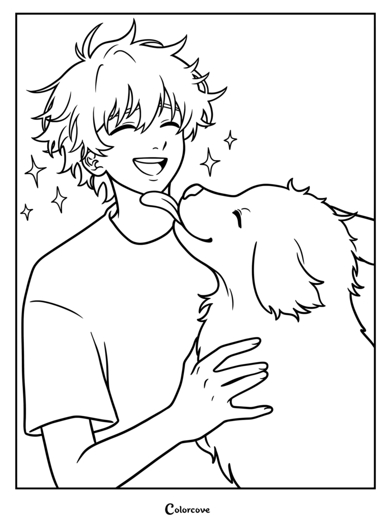 An anime style boy laughing happily as a friendly golden retriever licks his chin on this printable coloring page.