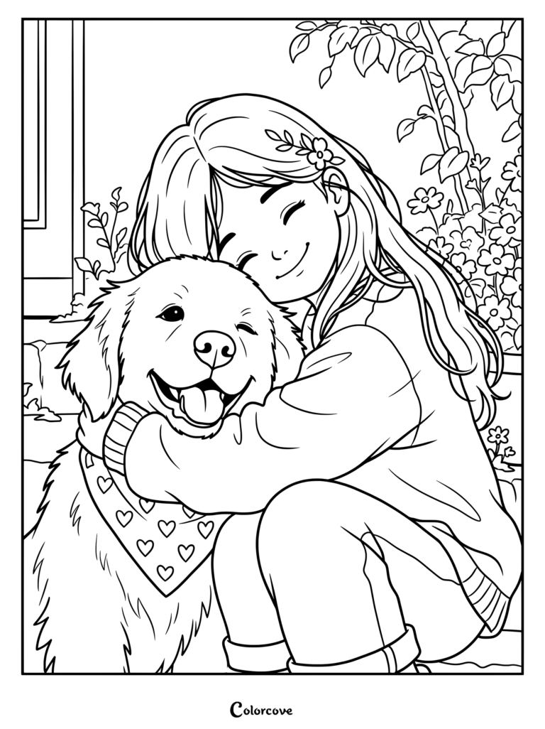 A young smiling girl hugging her happy Golden Retriever wearing a heart-patterned bandana in this printable coloring page.
