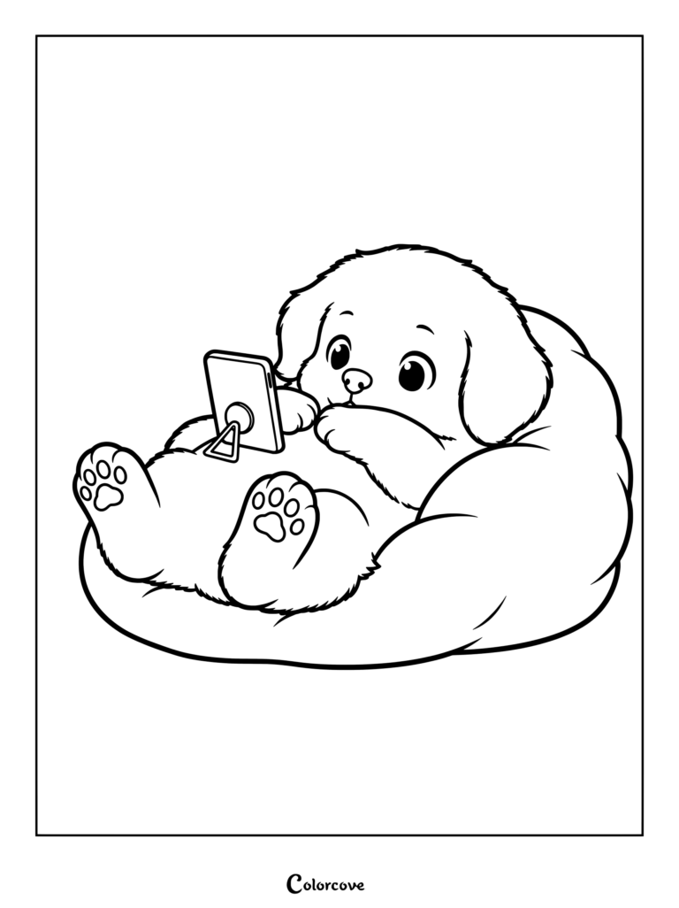 A cute Golden Retriever puppy lying comfortably on a bean bag chair while holding and looking at a smartphone, line art coloring page.