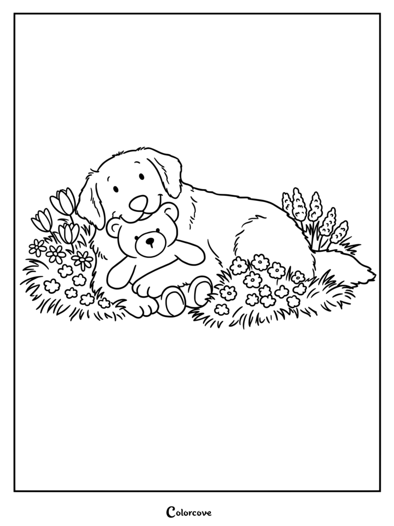 Golden Retriever coloring page showing a friendly dog lying in a patch of flowers holding a teddy bear