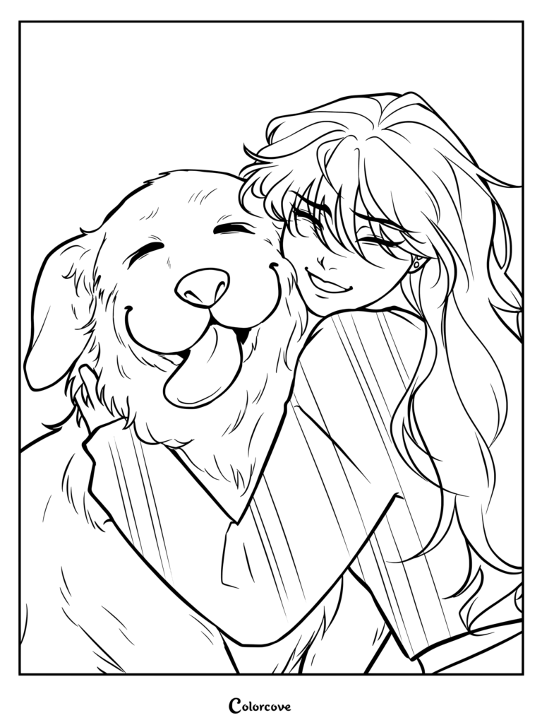 Girl hugging a smiling Golden Retriever in an anime line art coloring page