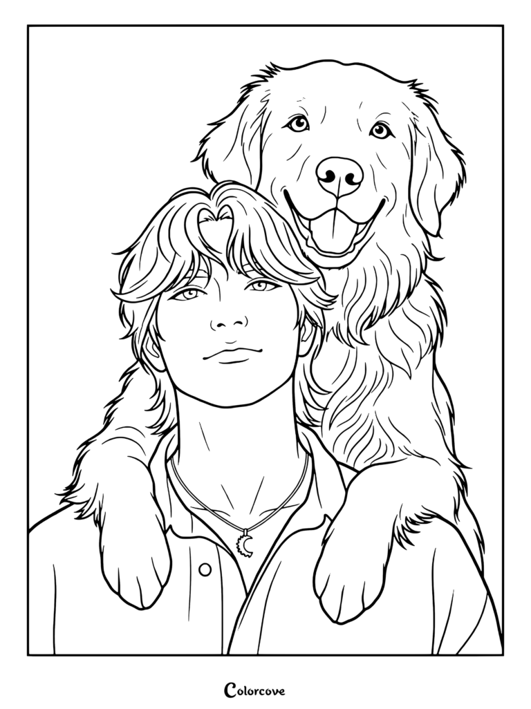 A young man with wavy hair wearing a crescent moon pendant, with a happy Golden Retriever resting its paws on his shoulders in this detailed coloring page.