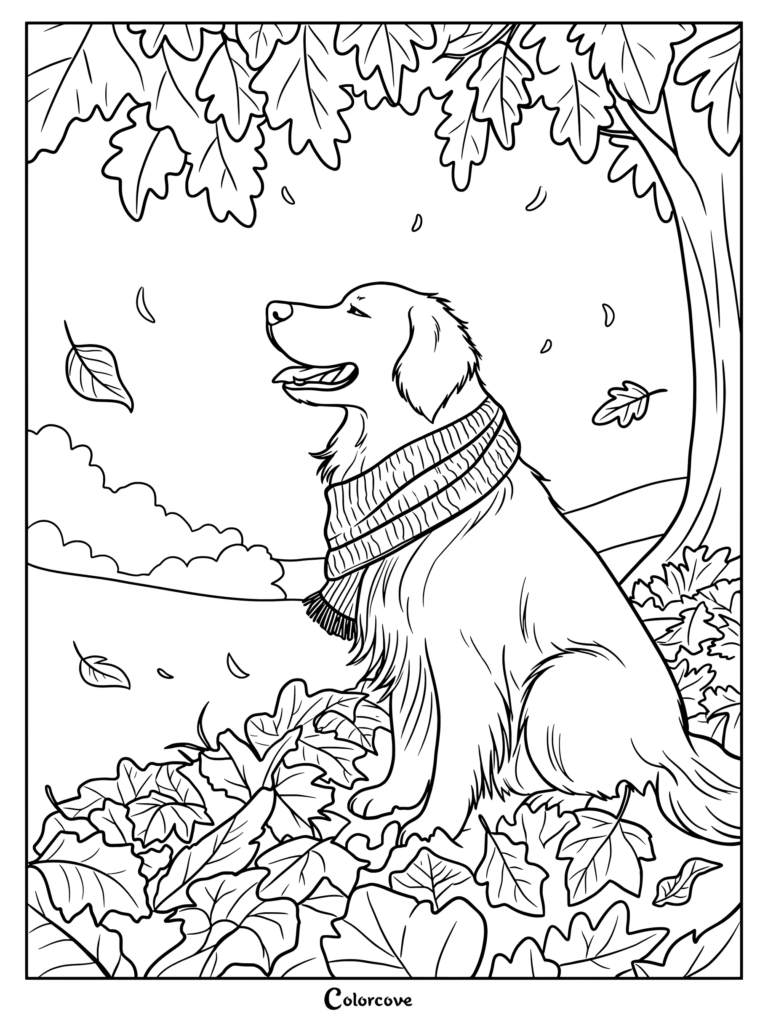 A happy golden retriever wearing a cozy knitted scarf sitting in a pile of fallen autumn leaves on a coloring page