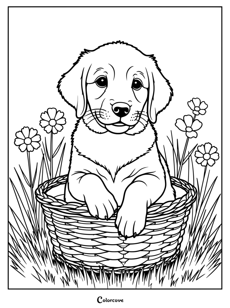 A cute Golden Retriever puppy sitting inside a woven basket surrounded by flowers coloring page