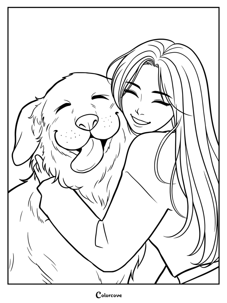 Girl hugging a smiling Golden Retriever printable coloring page