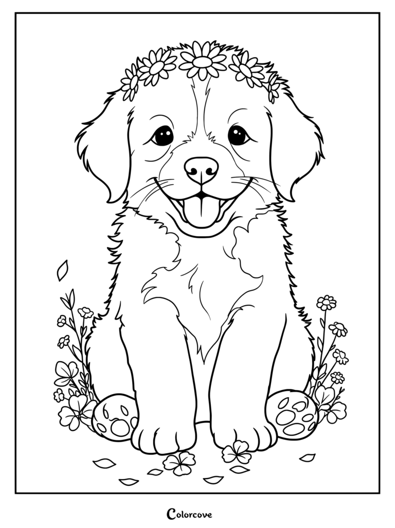A joyful Golden Retriever puppy wearing a daisy flower crown sitting among flowers for coloring page
