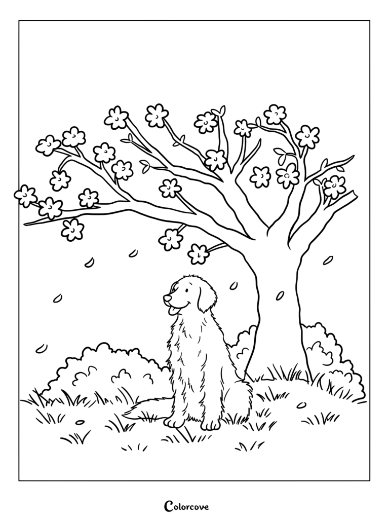 Golden Retriever coloring page featuring a happy dog sitting under a blossoming tree with falling petals in the grass.