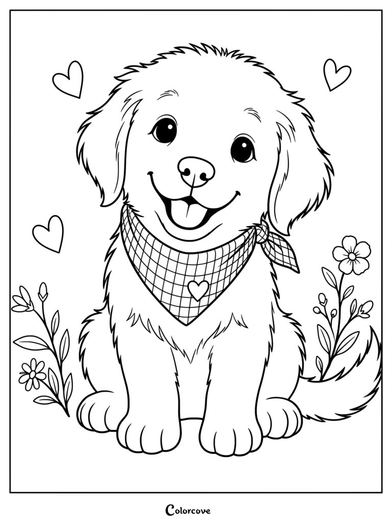 Golden Retriever puppy wearing a plaid bandana surrounded by hearts and flowers coloring page