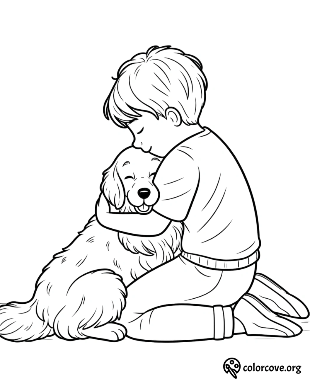 a boy hugging a dog