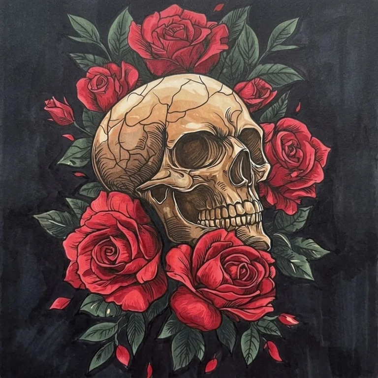 A detailed gothic skull and roses coloring page illustration.