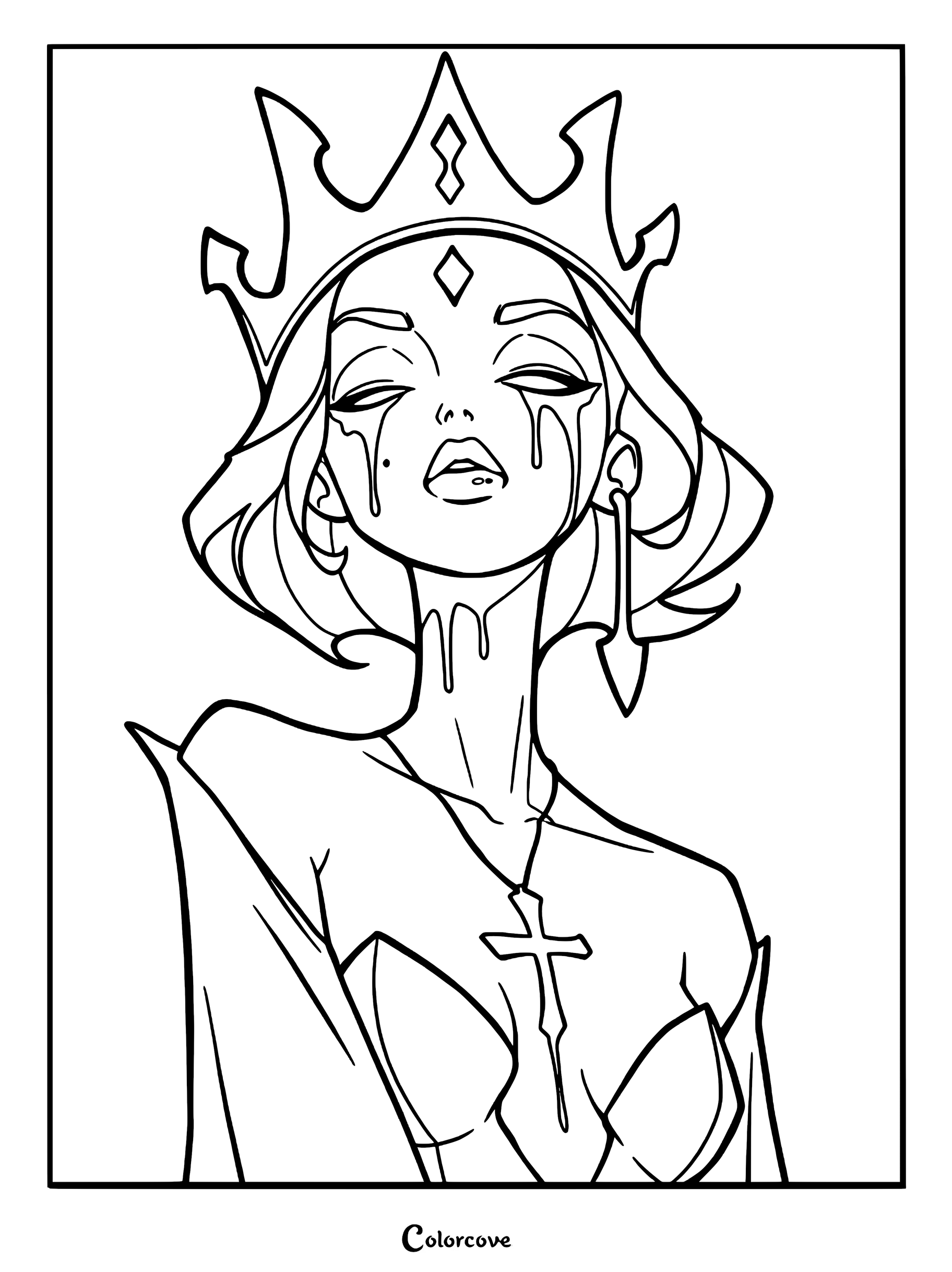 A gothic queen wearing a sharp crown and cross necklace with tears streaming down her face in this detailed line art coloring page.