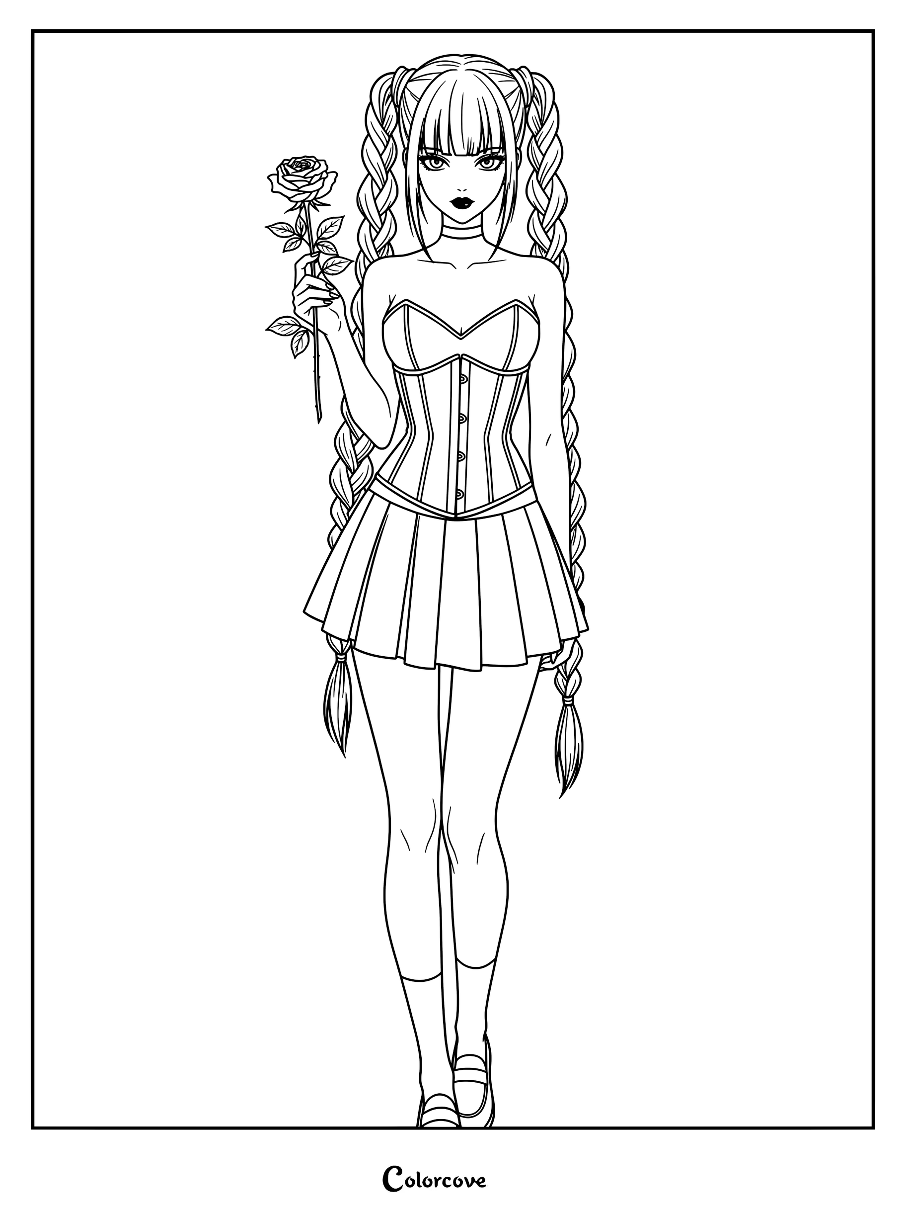 Gothic girl with long braided pigtails holding a single rose, wearing a corset and pleated skirt in this line art coloring page.