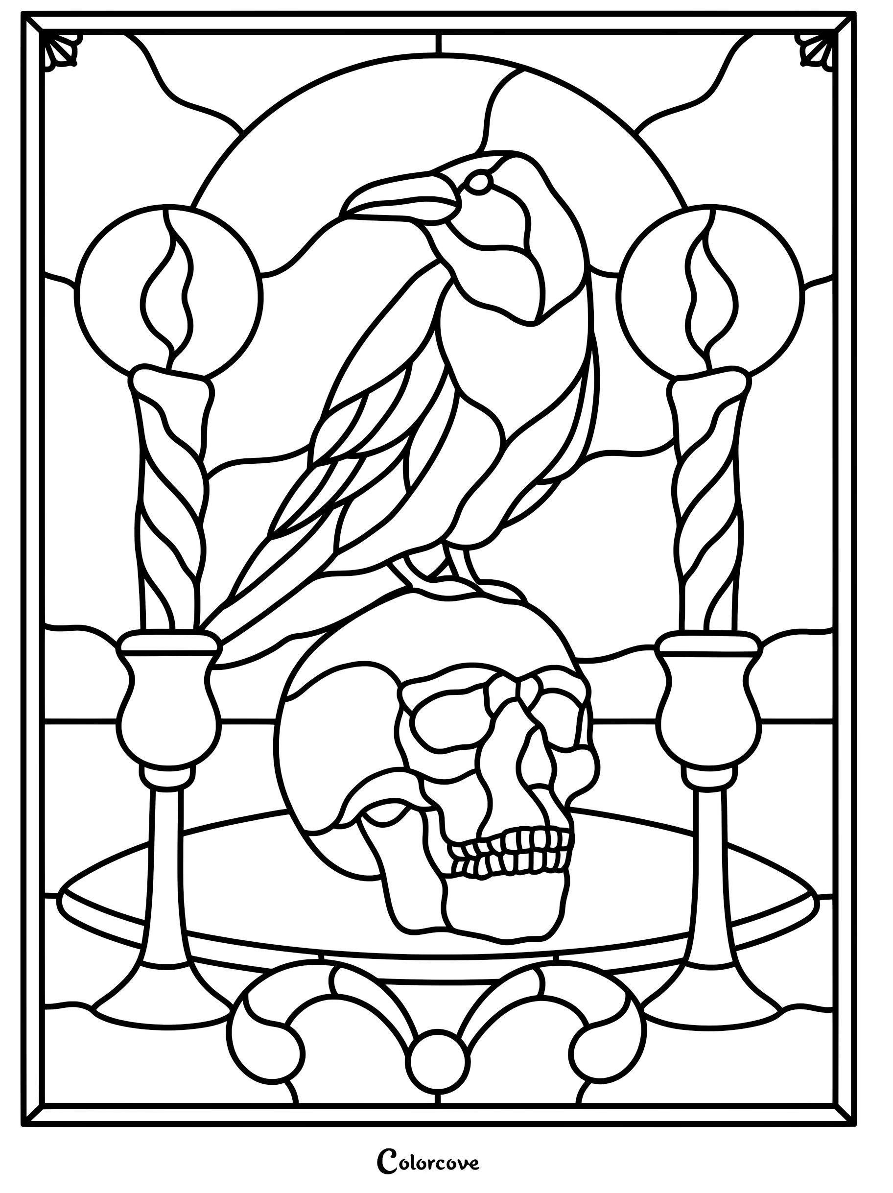 A gothic coloring page featuring a raven perched on a human skull between two lit candles in a stained glass window frame.