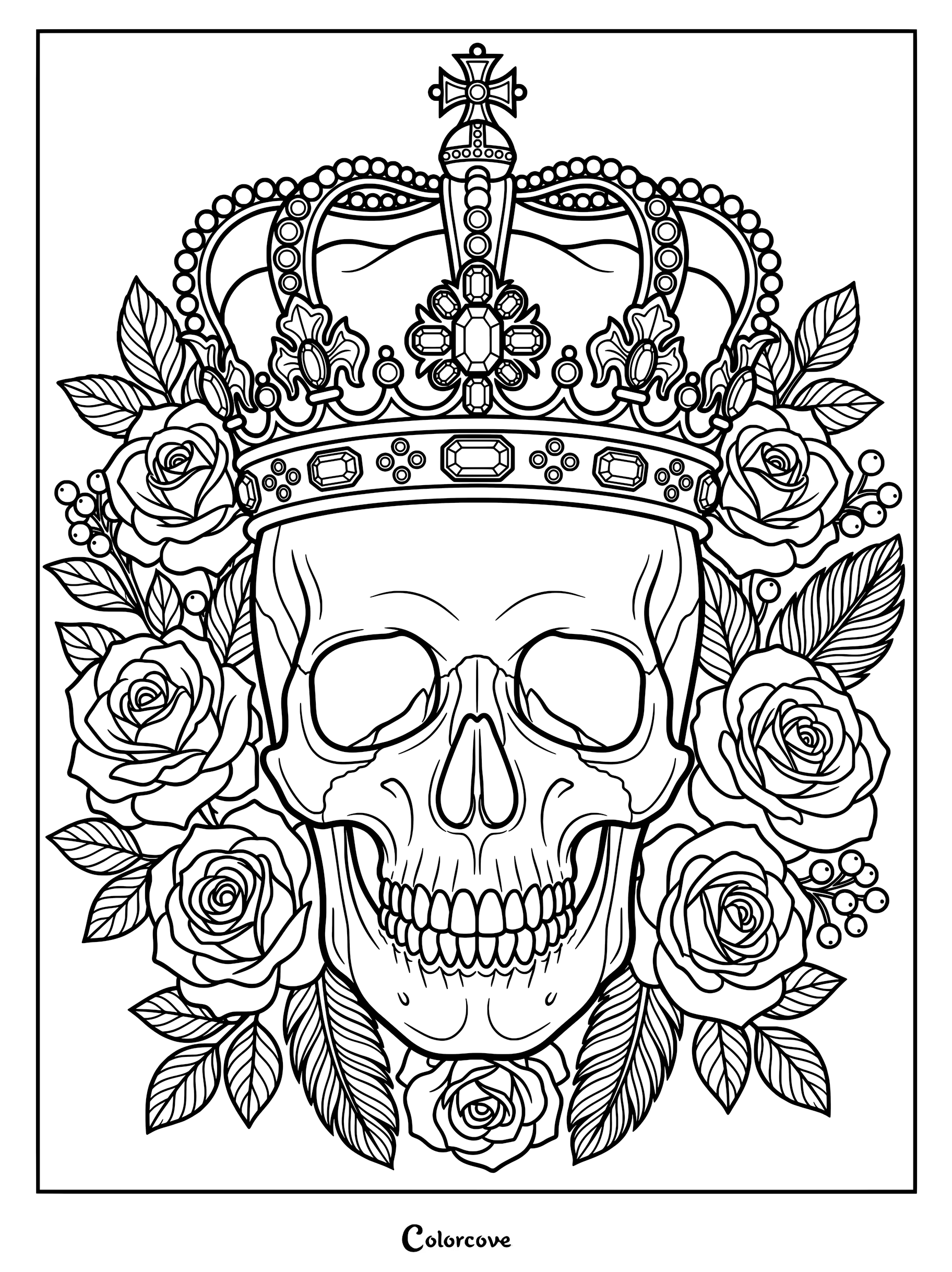A detailed gothic coloring page featuring a human skull wearing an ornate jeweled crown surrounded by blooming roses and leaves.