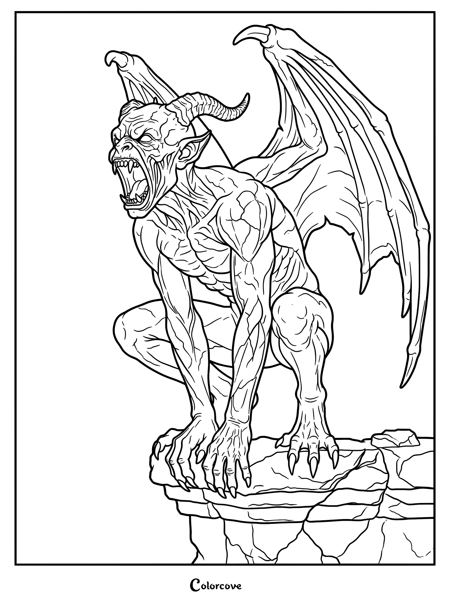 A detailed Gothic gargoyle coloring page featuring a winged creature with horns roaring while perched on a rocky stone ledge.