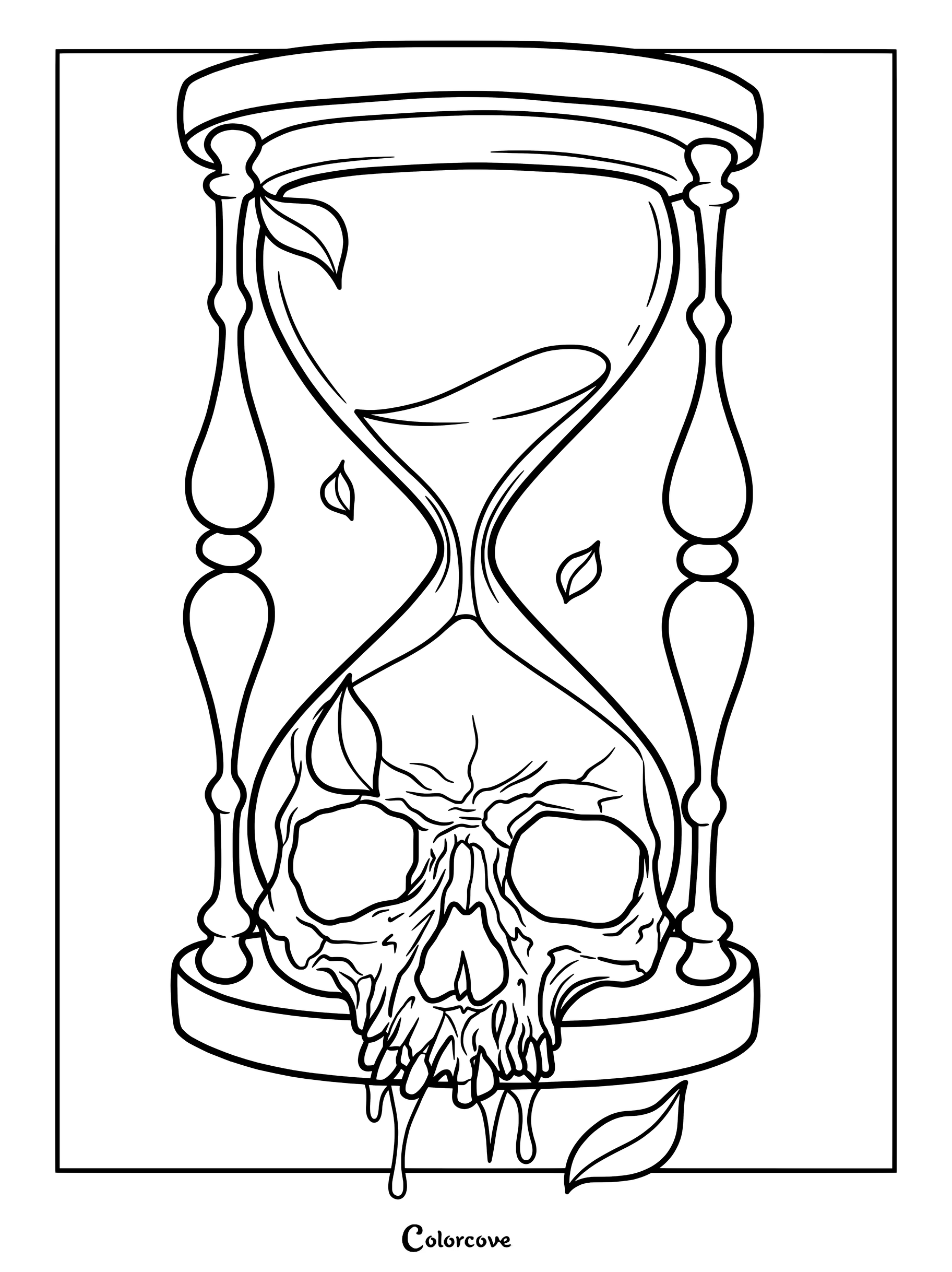 A gothic coloring page featuring a human skull inside an hourglass with falling leaves and melting details.