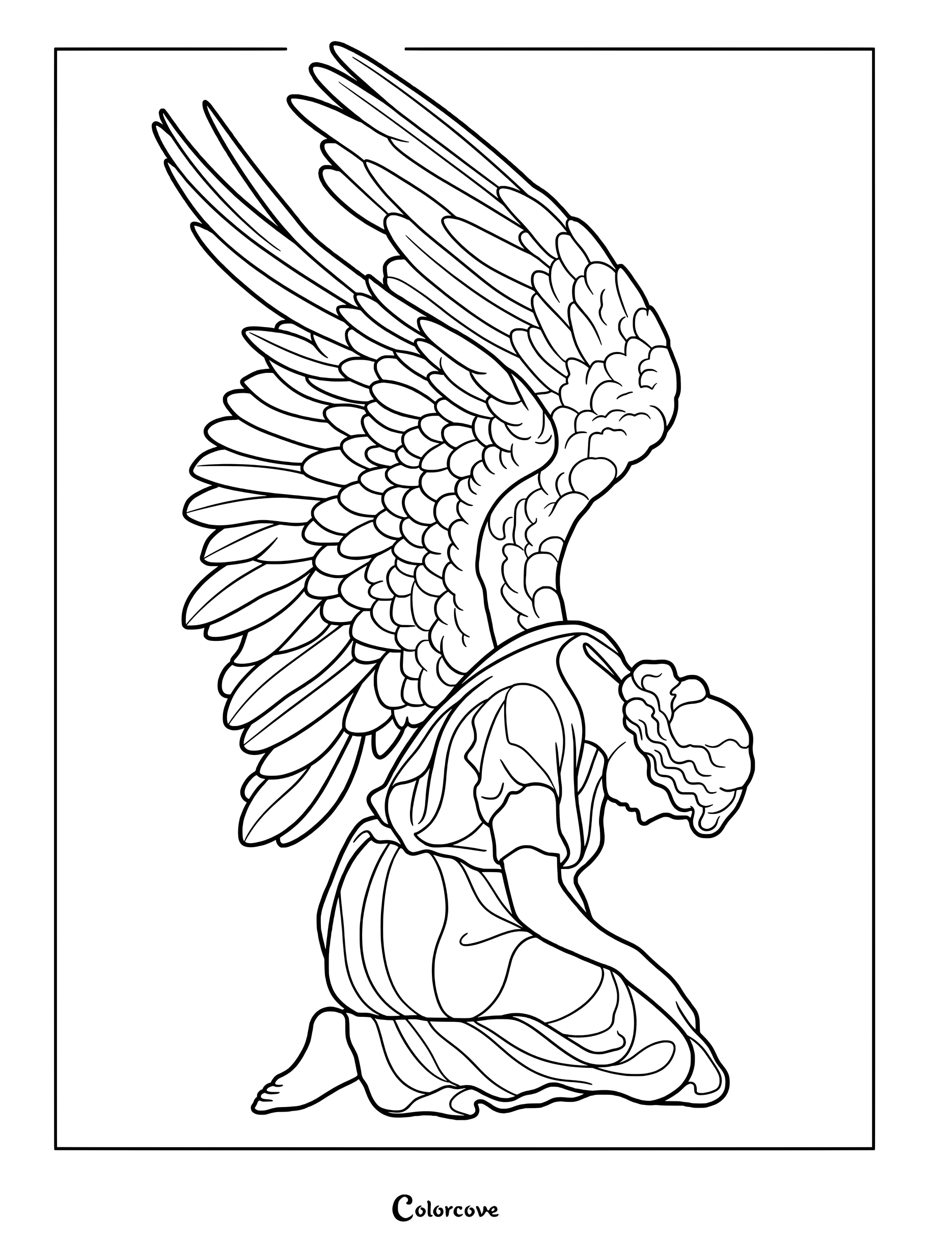 A detailed Gothic coloring page featuring a mourning angel statue kneeling with large feathered wings tucked behind its back.