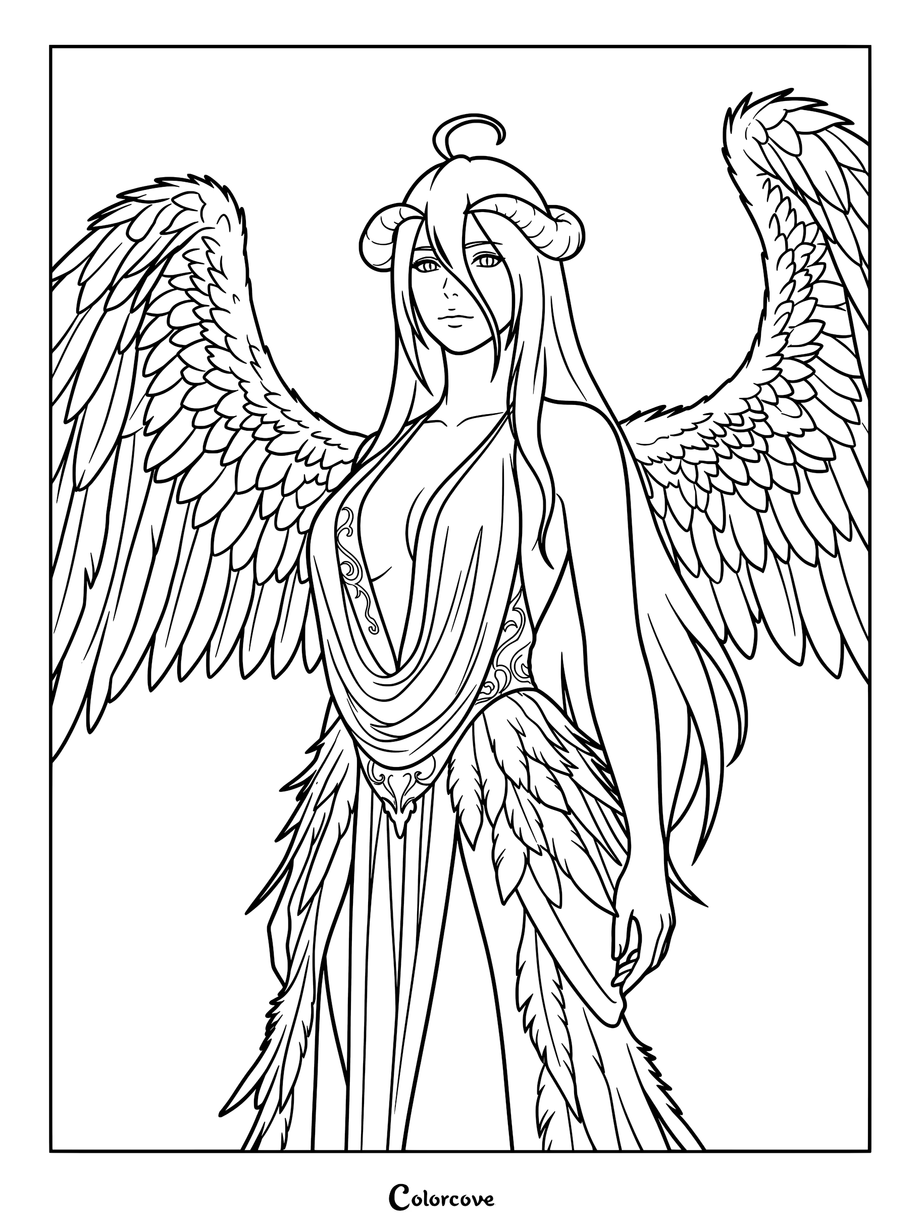 Albedo from Overlord with large feathered wings and curved horns in a detailed line art coloring page.