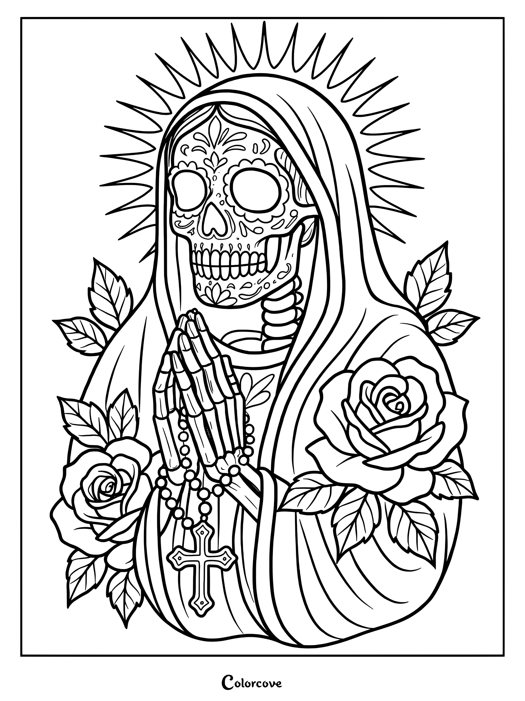 A detailed Gothic coloring page featuring Santa Muerte with a sugar skull face, wearing a hooded cloak, praying with a rosary, and surrounded by roses.